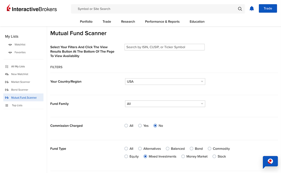 Mutual fund search interface